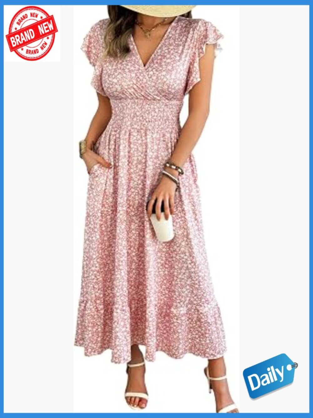 Maxi Floral Dress with Pockets - Flutter Sleeve Wrap V-Neck Summer Dress